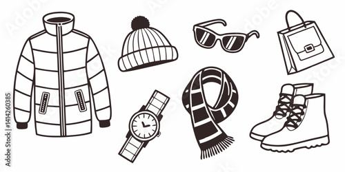 Winter Clothes and Accessories Line Art: Jacket, Hat, Scarf, Boots, Bag, Watch, Sunglasses - Black and White Style