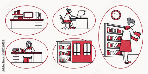 Cartoon Office Library: Desk, Computer, Books, Cabinets