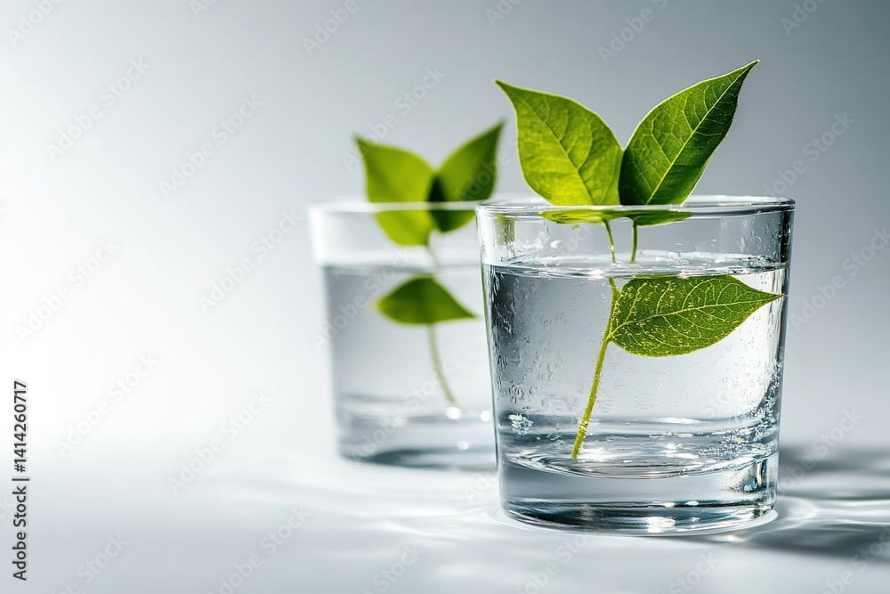 green leaf for glasses of water. Distorted image of water. Art concept, trending photo. Minimalism. Copy space. green leaf for glasses of water. Distorted image of water. Art concept, trending photo. Minimalism. Copy space.