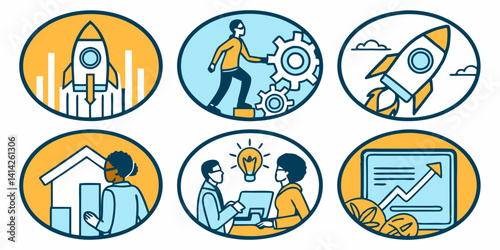 Business Startup Growth Success Rocket Gears Flat Icons