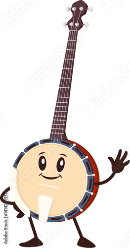 Cartoon funny banjo musical instrument character. Isolated vector plucked fantasy personage with long vulture and strings. Cute American vintage smiling instrument for playing ethnic or folk music