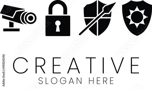 Security System Icons Black Lock Shield Camera safe dark image trust safety design vector 
