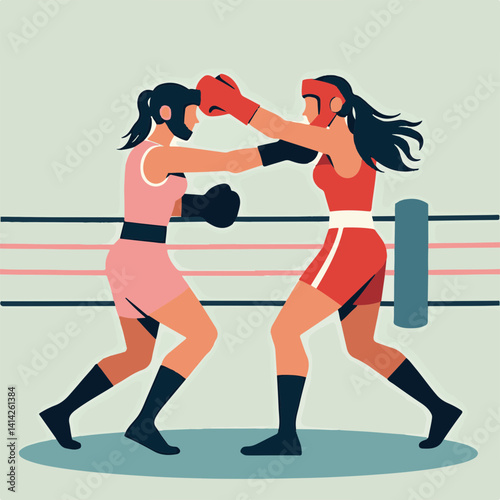 Two women boxing in a ring with a pastel background  