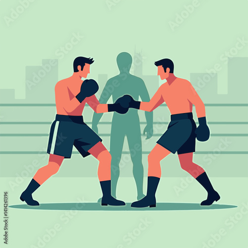Two Boxers Facing Off in a Ring with a City Background  