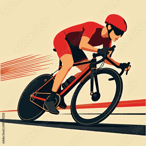 Cyclist racing forward in a dynamic illustration against a simple background  