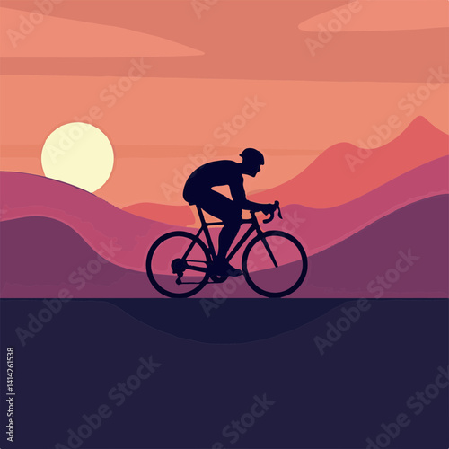 Cyclist enjoying a sunset ride against mountain silhouettes  