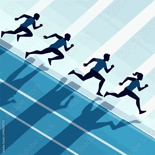 Runners sprinting on a track with dynamic shadows  