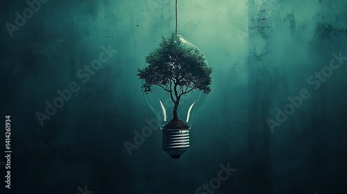 A small tree growing inside a hanging lightbulb, dark moody forest scene