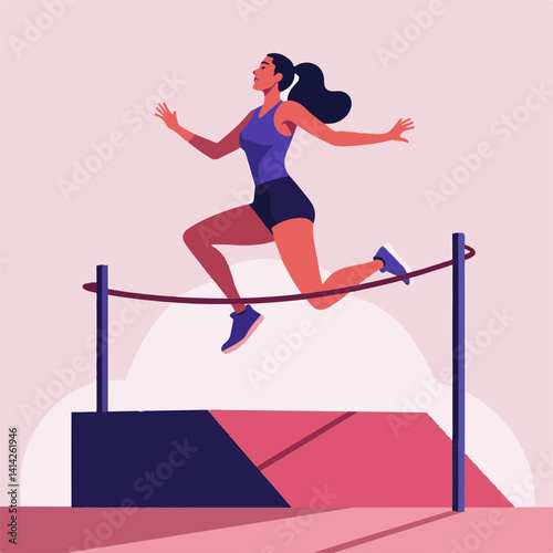 Woman jumping high over a hurdle in a dynamic pose against a pastel background  