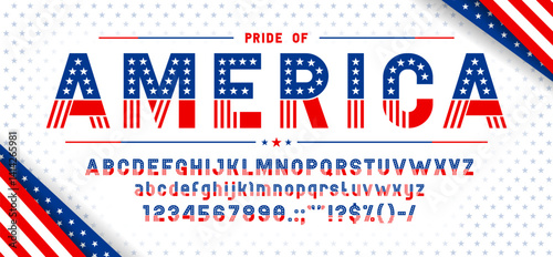 USA flag font, american patriot typeface, 4th July type, America freedom alphabet vector typography set. USA patriotic font letters and numbers with stars and stripes pattern of United States flag