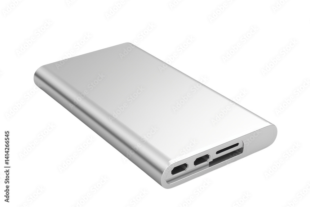 Sleek silver portable charger resting on a clean surface in a modern workspace setting isolated on transparent background Sleek silver portable charger resting on a clean surface in a modern workspace setting isolated on transparent background
