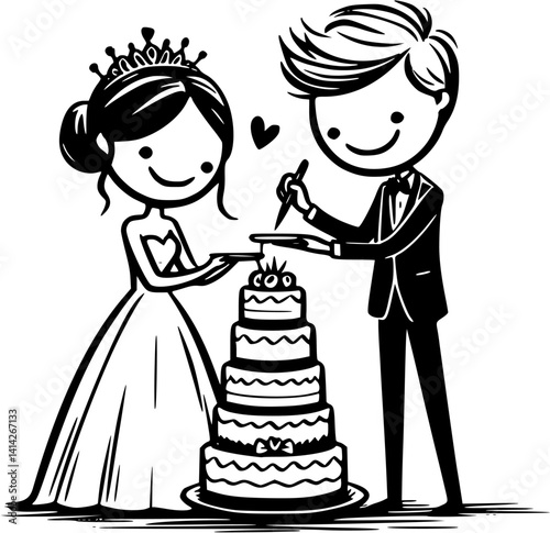Romantic couple cutting cake together, sweet wedding celebration moment, hand-drawn bride and groom illustration, love and joy at party, wedding cake vector clipart design