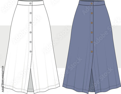 Vector midi skirt with buttons technical flat sketch fashion illustration. Front and back view. Cad, Mockup. 