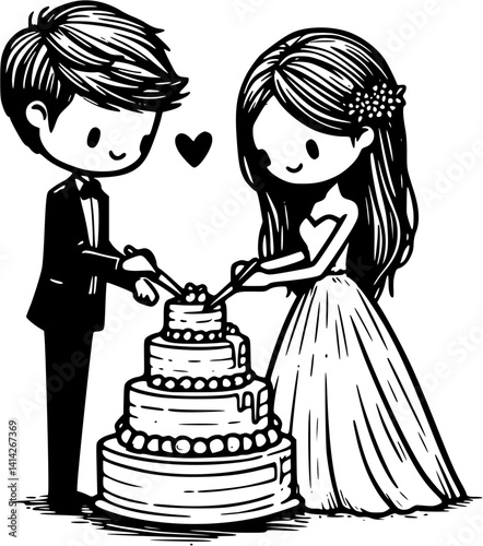 Romantic couple cutting cake together, sweet wedding celebration moment, hand-drawn bride and groom illustration, love and joy at party, wedding cake vector clipart design