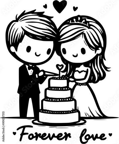 Bride and groom cutting wedding cake together, sweet celebration moment vector, romantic newlywed couple illustration, love and joy at wedding party clipart