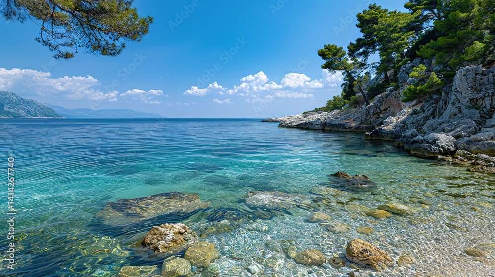 Tranquil Blue Ocean Meeting a Rugged Rocky Shore, Showcasing the Peaceful Strength and Beauty of Coastal Nature Tranquil Blue Ocean Meeting a Rugged Rocky Shore, Showcasing the Peaceful Strength and Beauty of Coastal Nature