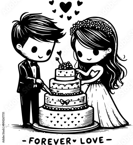 Bride and groom cutting wedding cake together, sweet celebration moment vector, romantic newlywed couple illustration, love and joy at wedding party clipart