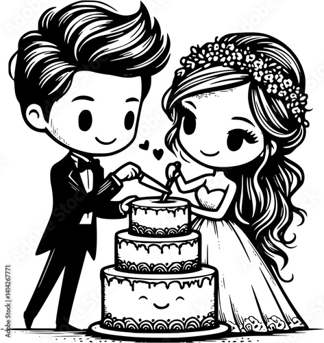 Bride and groom cutting wedding cake together, sweet celebration moment vector, romantic newlywed couple illustration, love and joy at wedding party clipart