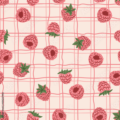 Raspberry on line checkered summer seamless pattern for wrapping, fabric. berries tablecloth texture