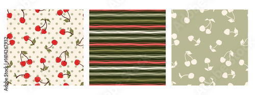 cherry, Polka dot, wavy horizontal stripe summer vintage seamless pattern set, paper, cover, fabric