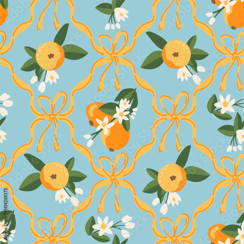Summer tropical seamless pattern oranges, preppy coquette bow. citrus exotic fruits background