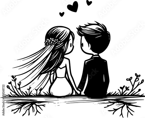 romantic couple sitting closely on the ground sharing a peaceful and loving outdoor moment illustration