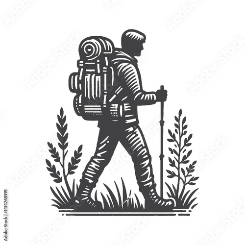Simple Hiker Walking with Backpack Vector Design – Vintage Logo & Retro Illustration