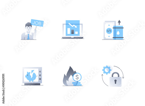 Financial difficulties and unemployment - flat design style icons set