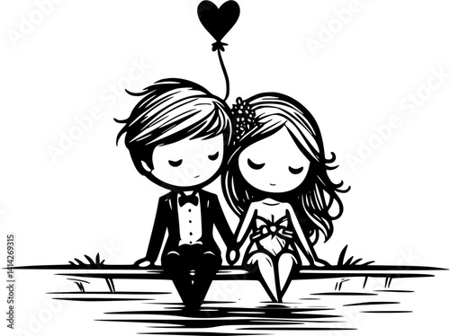 Eternal Bond: A tender black and white illustration depicts a couple of lovers, hand in hand, sitting serenely with a heart-shaped balloon, capturing the essence of their love and affection.