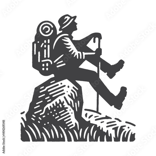 Simple Hiker Resting on a Rock Vector Design – Vintage Logo & Retro Illustration