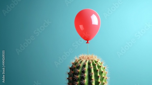 A fragile balloon on a sharp prickly cactus. Fragility and protection concept