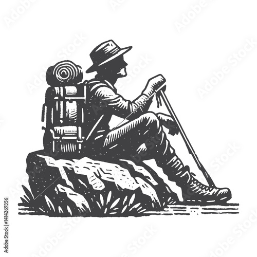 Simple Hiker Resting on a Rock Vector Design – Vintage Logo & Retro Illustration