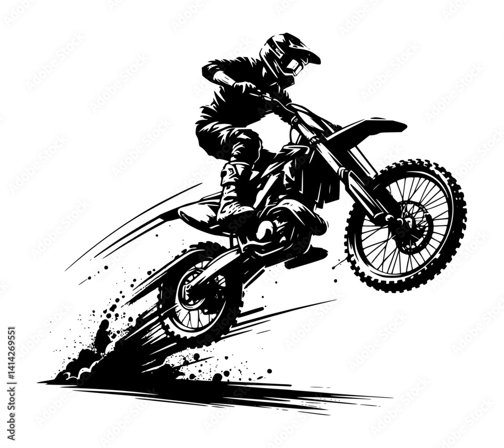 A vector silhouette of a rider jumping with his motocross dirt bike.