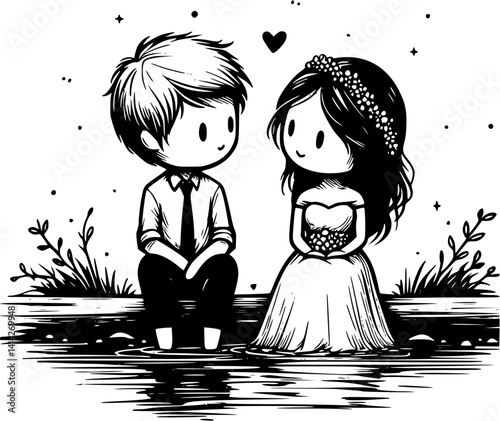 romantic couple sitting on a bench near the river or seaside enjoying peaceful nature and loving moments