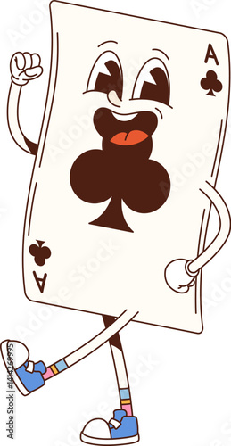 Cartoon groovy retro casino poker card character. Isolated vector Ace of clubs personage with a wide smile, ready to bring fun to gamble game night. Funny gaming card with big happy eyes and sneakers