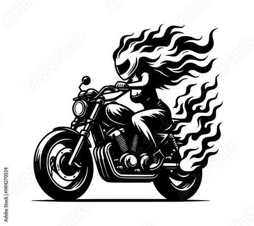 A female biker wearing a flaming helmet rides a motorcycle adorned with flames.