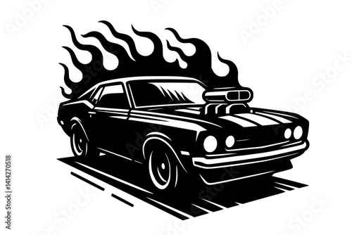 A vintage classic car with flames, isolated on a white background.