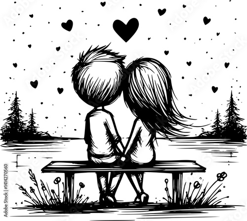 romantic couple sitting on a bench near the river or seaside enjoying peaceful nature and loving moments