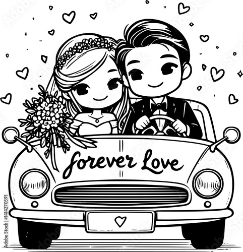 forever love just married car decorated with floral wreaths and heart balloons celebrating newlyweds' romantic getaway journey