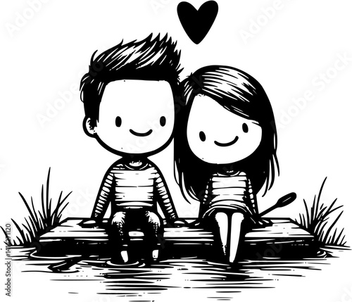 romantic couple sitting on a bench near the river or seaside enjoying peaceful nature and loving moments
