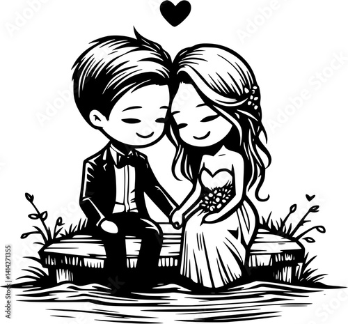 romantic couple sitting on a bench near the river or seaside enjoying peaceful nature and loving moments