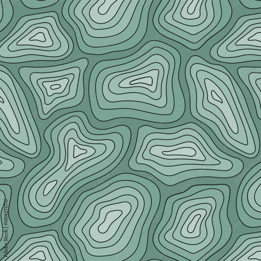 Seamless topographic pattern in forest green tones, with natural flowing contour lines and terrain forms. Seamless topographic pattern in forest green tones, with natural flowing contour lines and terrain forms.