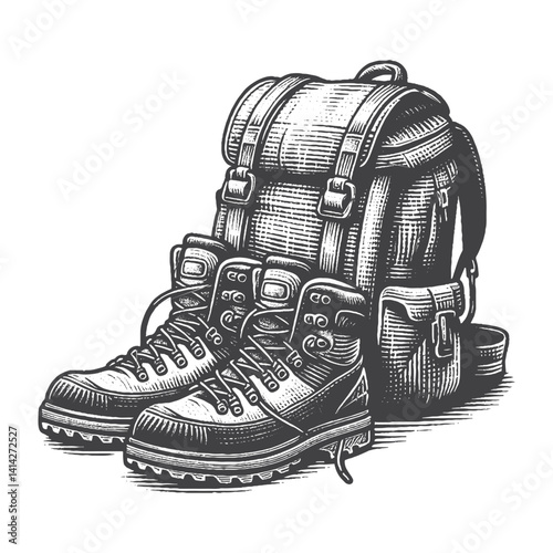 Simple Hiking Boots Hanging from Backpack Vector Design – Vintage Logo & Retro Illustration