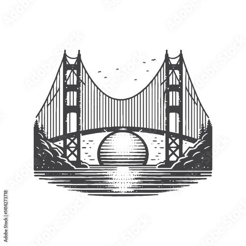 Suspension Bridge View Vector Design – Majestic Crossing & Scenic Landscape Illustration