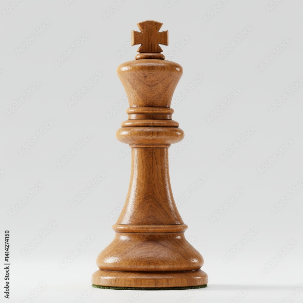 High-resolution render of wooden king chess piece with detailed carving and polished finish isolated on white background High-resolution render of wooden king chess piece with detailed carving and polished finish isolated on white background