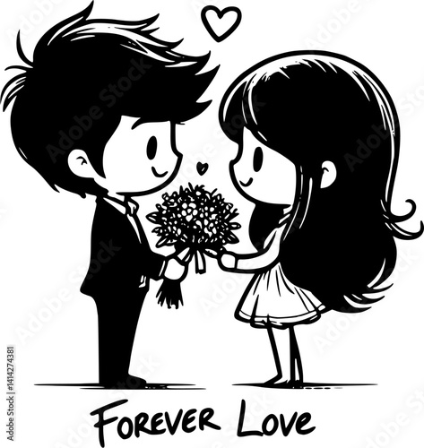 romantic young boy giving a bouquet of flowers to his girlfriend in a sweet love moment illustration