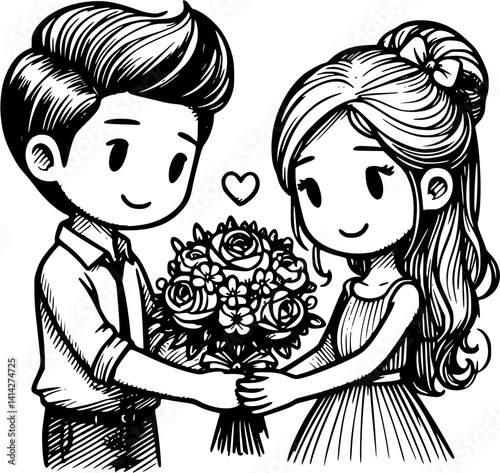 groom giving a beautiful flower bouquet to the bride in a romantic wedding moment illustration