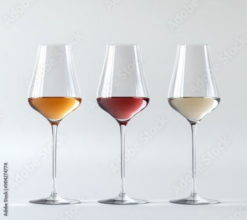 Three wine glasses filled with different colored wines