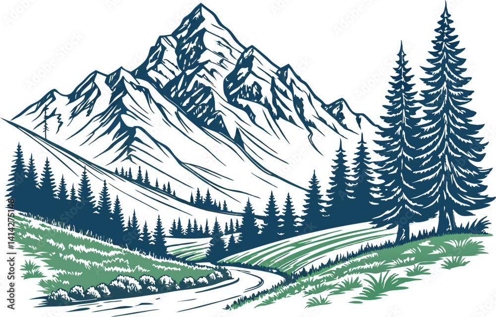 Fototapeta premium Mountain landscape illustration vector design isolated on white background.