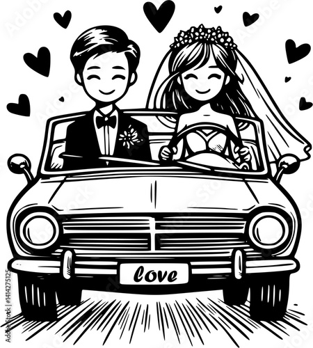 Cute just married couple in a wedding car illustration, romantic drive after ceremony, vintage vehicle with flowers, bride and groom leaving scene vector, honeymoon car clipart art